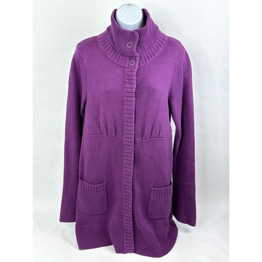 Athleta Sula Long Cardigan Sweater Purple Cashmere Blend Mock Neck Snap Front L